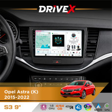 Штатна магнітола для Opel Astra (K) 2015-2022 DriveX S3 QLED 9" Android 8-ядерний 1.6ГГц 4x64Гб SIM-картка 3G/4G 7388 4x45W ASP TM2313 бездротовий CarPlay та AndroidAuto
