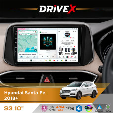 Штатна магнітола для Hyundai Santa Fe 2018+ DriveX S3 QLED 10" Android 8-ядерний 1.6ГГц 4x64Гб SIM-картка 3G/4G 7388 4x45W ASP TM2313 бездротовий CarPlay та AndroidAuto