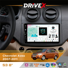 Штатна магнітола для Chevrolet Aveo 2007-2011 DriveX S3 QLED 8" з фізичними кнопками Android 8-ядерний 1.6ГГц 4x64Гб SIM-картка 3G/4G 7388 45W ASP TM2313 бездротовий CarPlay та AndroidAuto