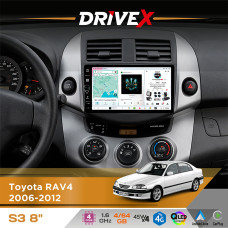 Штатна магнітола для Toyota RAV4 2006-2012 DriveX S3 QLED 8" з фізичними кнопками Android 8-ядерний 1.6ГГц 4x64Гб SIM-картка 3G/4G 7388 45W ASP TM2313 бездротовий CarPlay та AndroidAuto