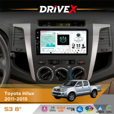 Штатна магнітола для Toyota Hilux 2011-2015 DriveX S3 QLED 8" з фізичними кнопками Android 8-ядерний 1.6ГГц 4x64Гб SIM-картка 3G/4G 7388 45W ASP TM2313 бездротовий CarPlay та AndroidAuto