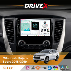 Штатна магнітола для Mitsubishi Pajero Sport 2015-2019 DriveX S3 QLED 8" з фізичними кнопками Android 8-ядерний 1.6ГГц 4x64Гб SIM-картка 3G/4G 7388 45W ASP TM2313 бездротовий CarPlay та AndroidAuto