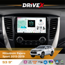 Штатна магнітола для Mitsubishi Pajero Sport 2015-2019 DriveX S3 QLED 9" Android 8-ядерний 1.6ГГц 4x64Гб SIM-картка 3G/4G 7388 4x45W ASP TM2313 бездротовий CarPlay та AndroidAuto