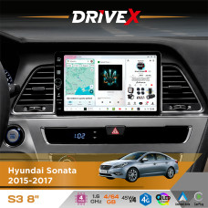 Штатна магнітола для Hyundai Sonata 2015-2017 DriveX S3 QLED 8" з фізичними кнопками Android 8-ядерний 1.6ГГц 4x64Гб SIM-картка 3G/4G 7388 45W ASP TM2313 бездротовий CarPlay та AndroidAuto