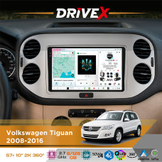 Штатна магнітола для Volkswagen Tiguan 2008-2016 DriveX S7+ 2K QLED 10" Android 8-ядерний 2.7ГГц 8x128Гб SIM-картка 3G/4G AK7808 AB 4x50W 360° DSP AK7739 VELVET бездротовий CarPlay та AndroidAuto