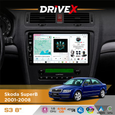 Штатна магнітола для Skoda SuperB 2001-2008 DriveX S3 QLED 8" з фізичними кнопками Android 8-ядерний 1.6ГГц 4x64Гб SIM-картка 3G/4G 7388 45W ASP TM2313 бездротовий CarPlay та AndroidAuto