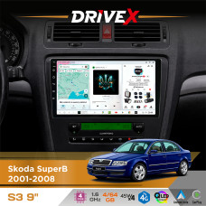 Штатна магнітола для Skoda SuperB 2001-2008 DriveX S3 QLED 9" Android 8-ядерний 1.6ГГц 4x64Гб SIM-картка 3G/4G 7388 4x45W ASP TM2313 бездротовий CarPlay та AndroidAuto