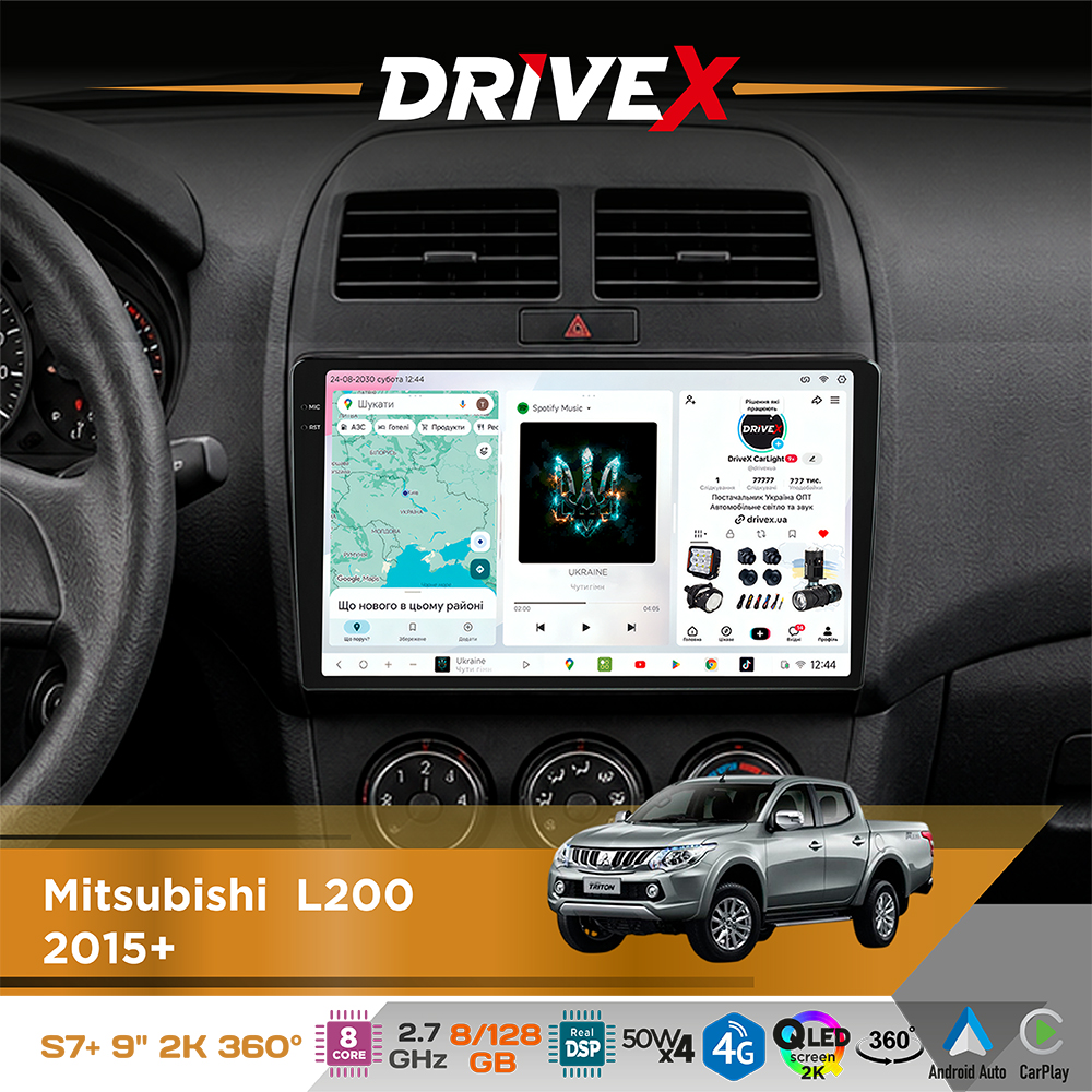 Штатна магнітола для Mitsubishi Pajero Sport 2015-2019 DriveX S7+ 2K QLED 9" Android 8-ядерний 2.7ГГц 8x128Гб SIM-картка 3G/4G AK7808 AB 4x50W 360° DSP AK7739 VELVET бездротовий CarPlay та AndroidAuto